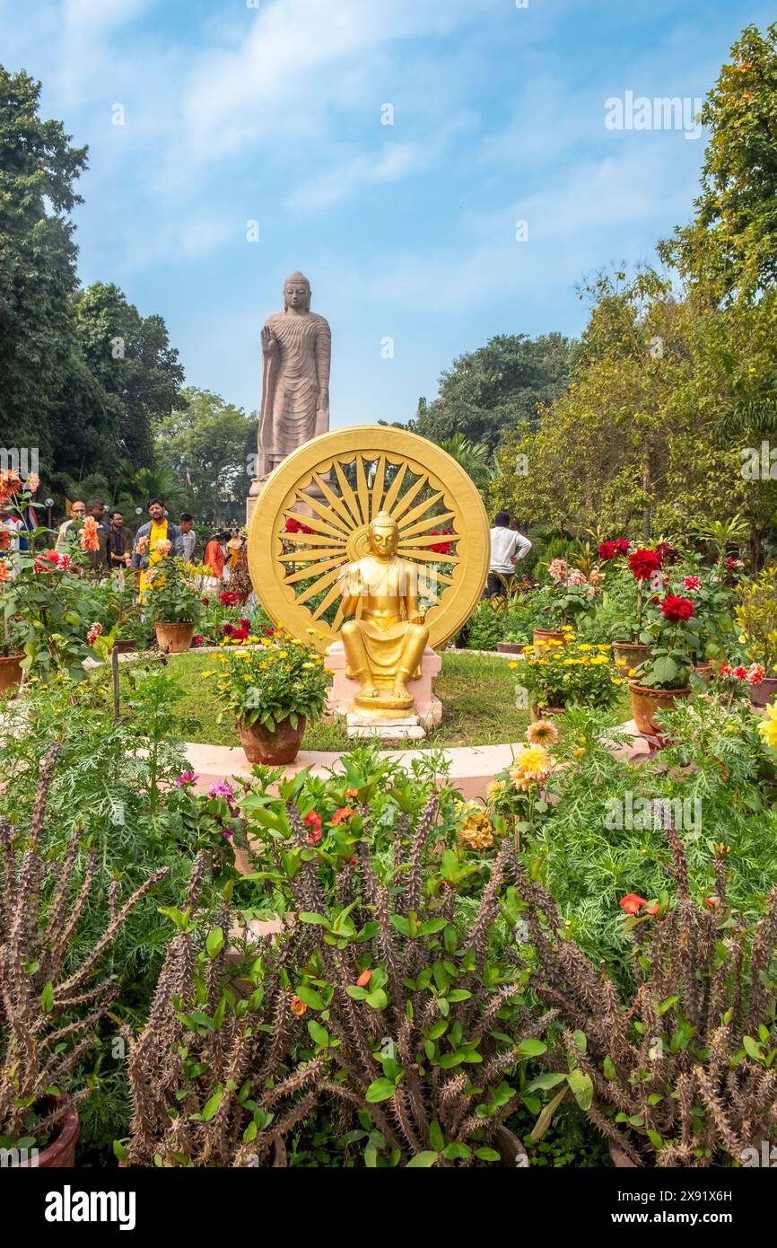 Varanasi, India February 24, 2024 DharmaChakra statue of golden