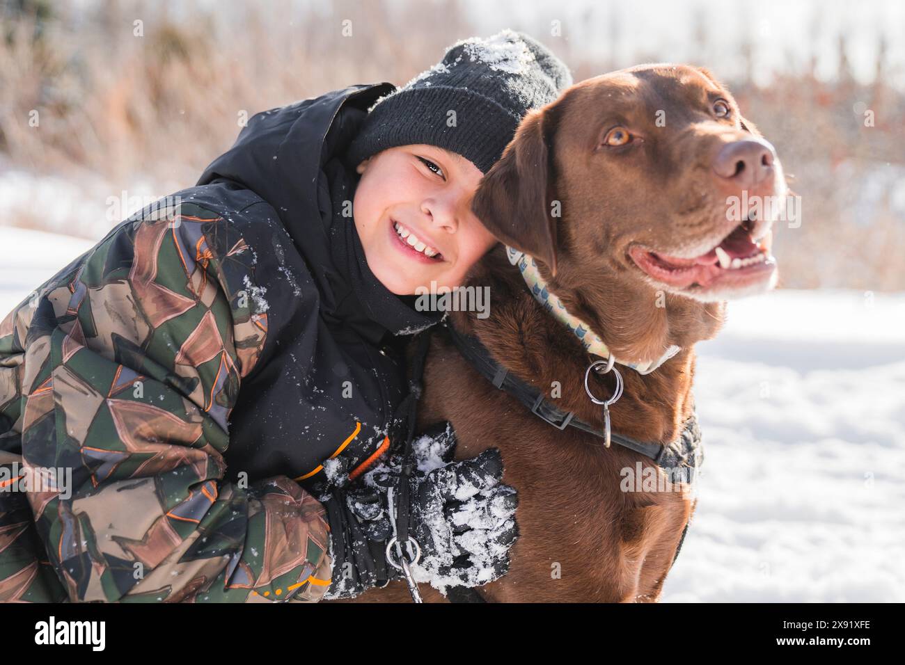Portrait of little boy with labrador dog in winter season Stock Photo