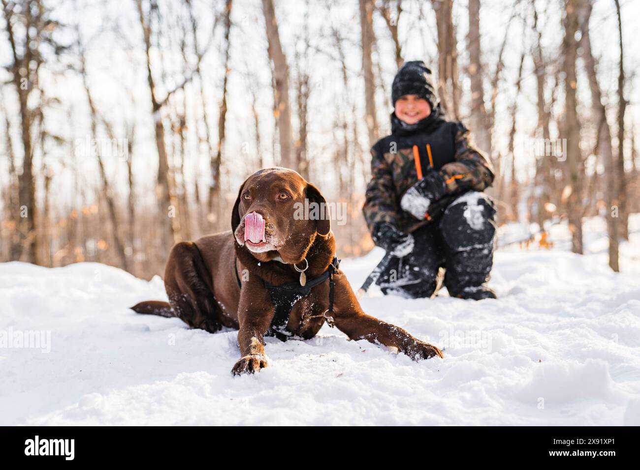 Portrait of little boy with labrador dog in winter season Stock Photo