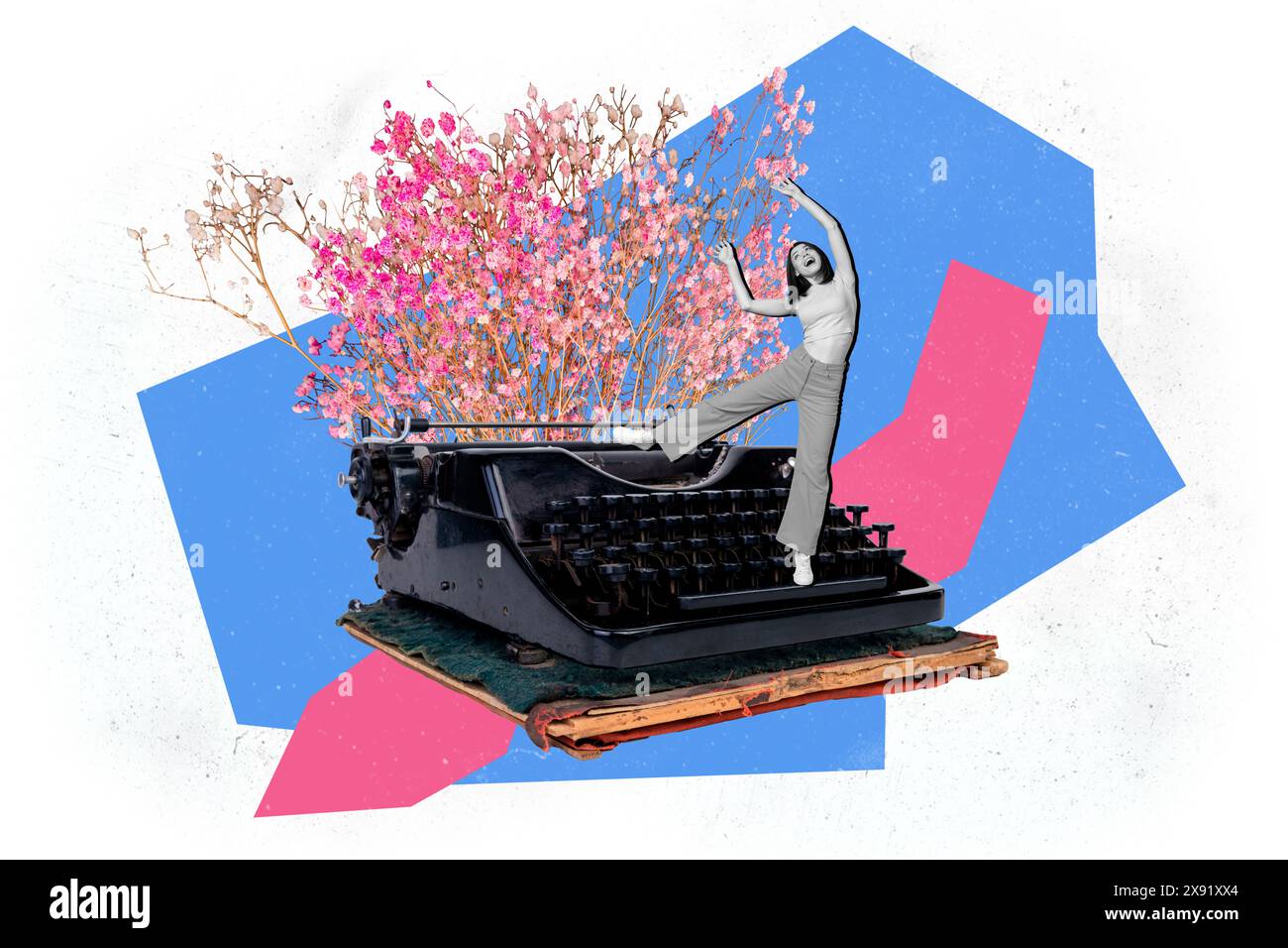 Trend artwork sketch collage of spring season flower plant black white silhouette young lady model posing on huge typewriter machine Stock Photo