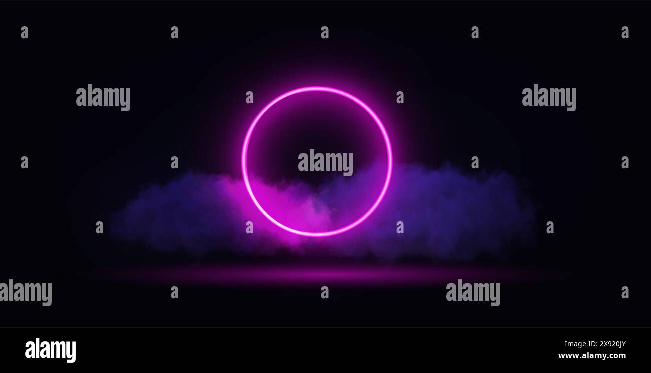 Neon light pink circle with cloud on black background. Stock Vector