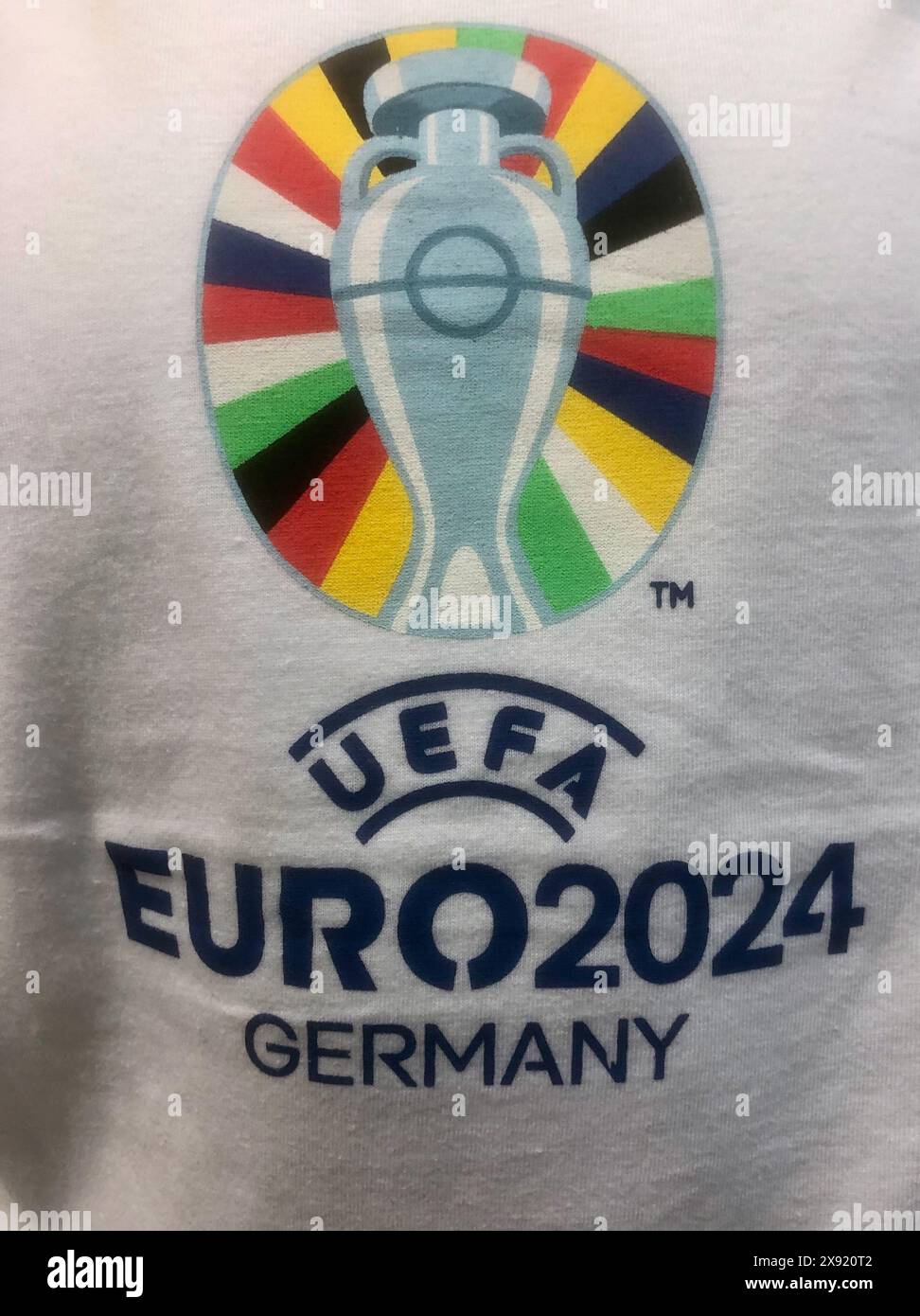 A view of a soccer shirt, advertising the UEFA Euro 2024 football competition. Stock Photo