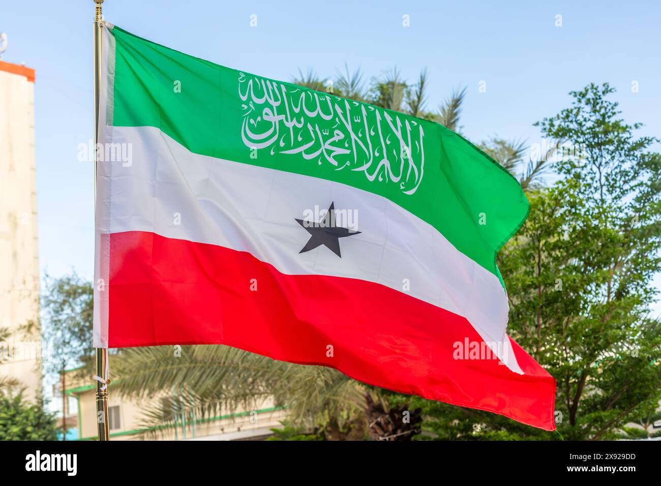 Green, white, red national flag of Somaliland waving on the wind, Hergeisa, Somaliland, Somalia Stock Photo