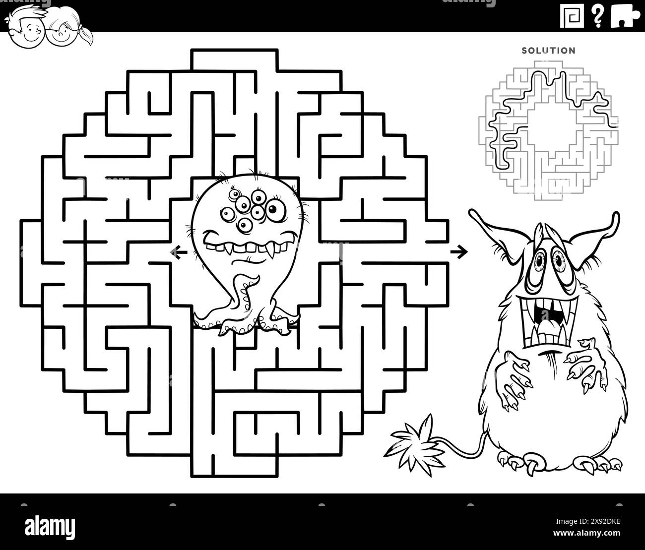 Cartoon illustration of educational maze puzzle game for children with funny monsters characters coloring page Stock Vector