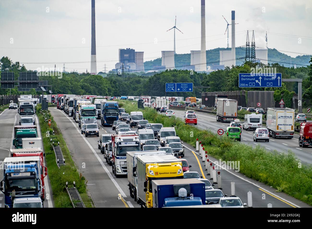 Traffic jam on the highway A2 near Bottrop, behind the Bottrop interchange, in the direction of Oberhausen, due to a long-term construction site, rene Stock Photo