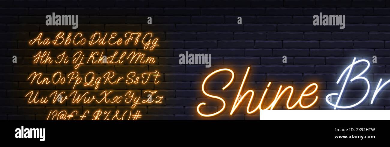 Shine Bright neon text on brick wall background. Stock Vector