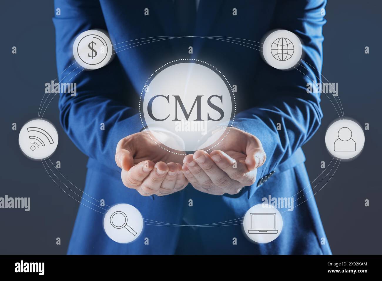 CMS. Man using virtual screen, closeup. Scheme with icons on dark background Stock Photo