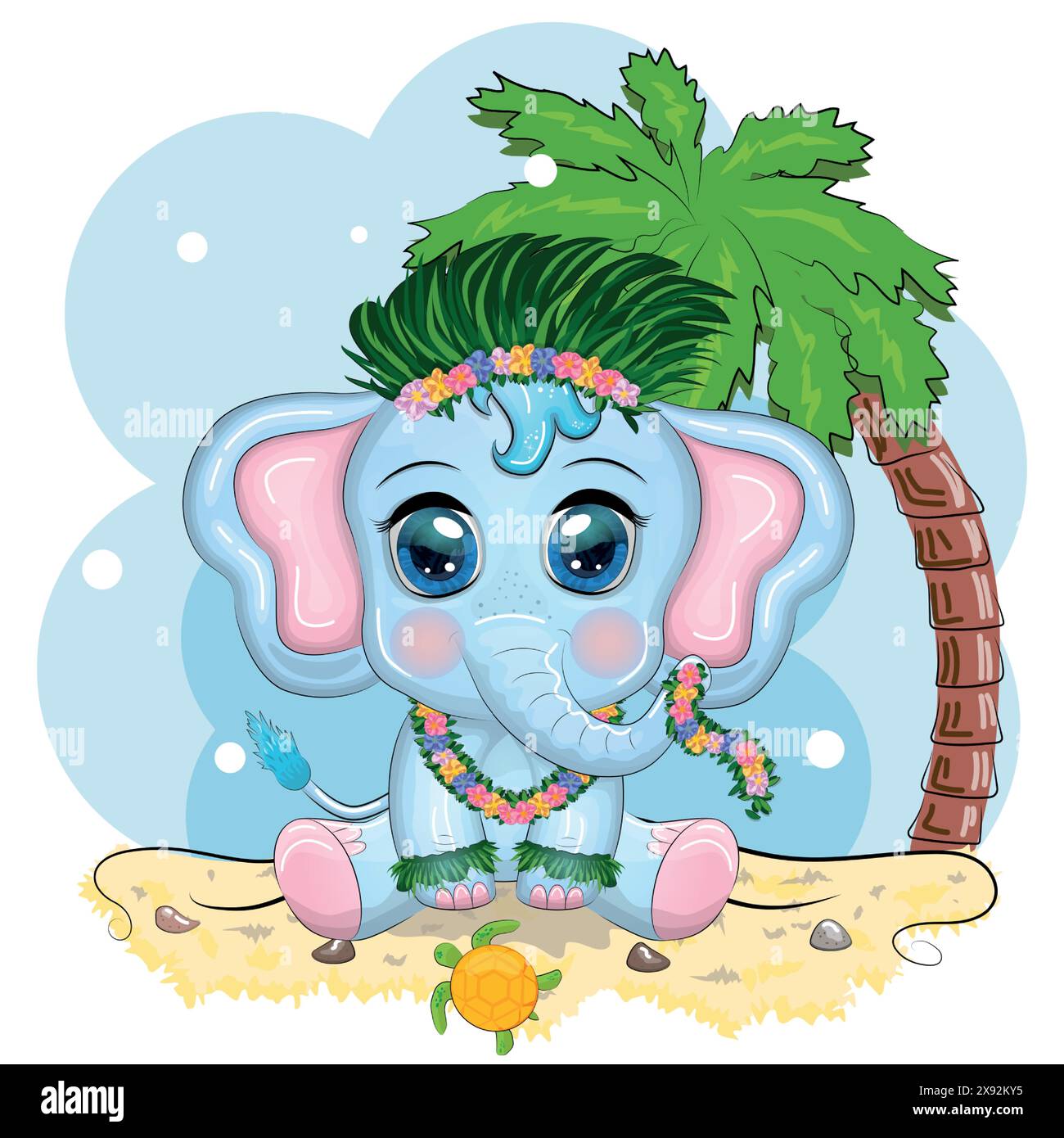 Cute cartoon elephant, childish character with beautiful eyes in Hawaiian costume, beach and vacation. Stock Vector