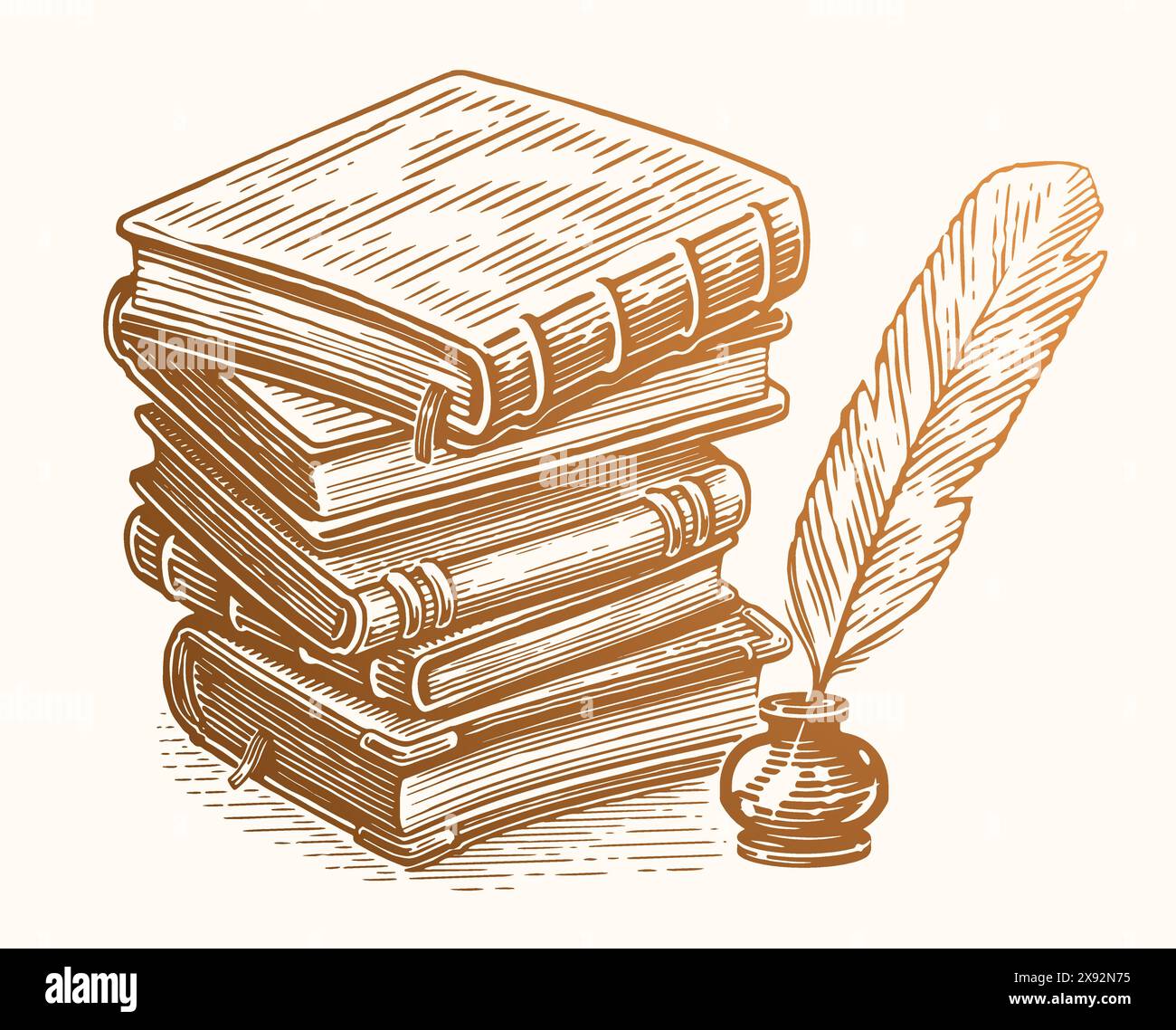 Old feather quill ink pen with inkwell and old books. Education concept ...