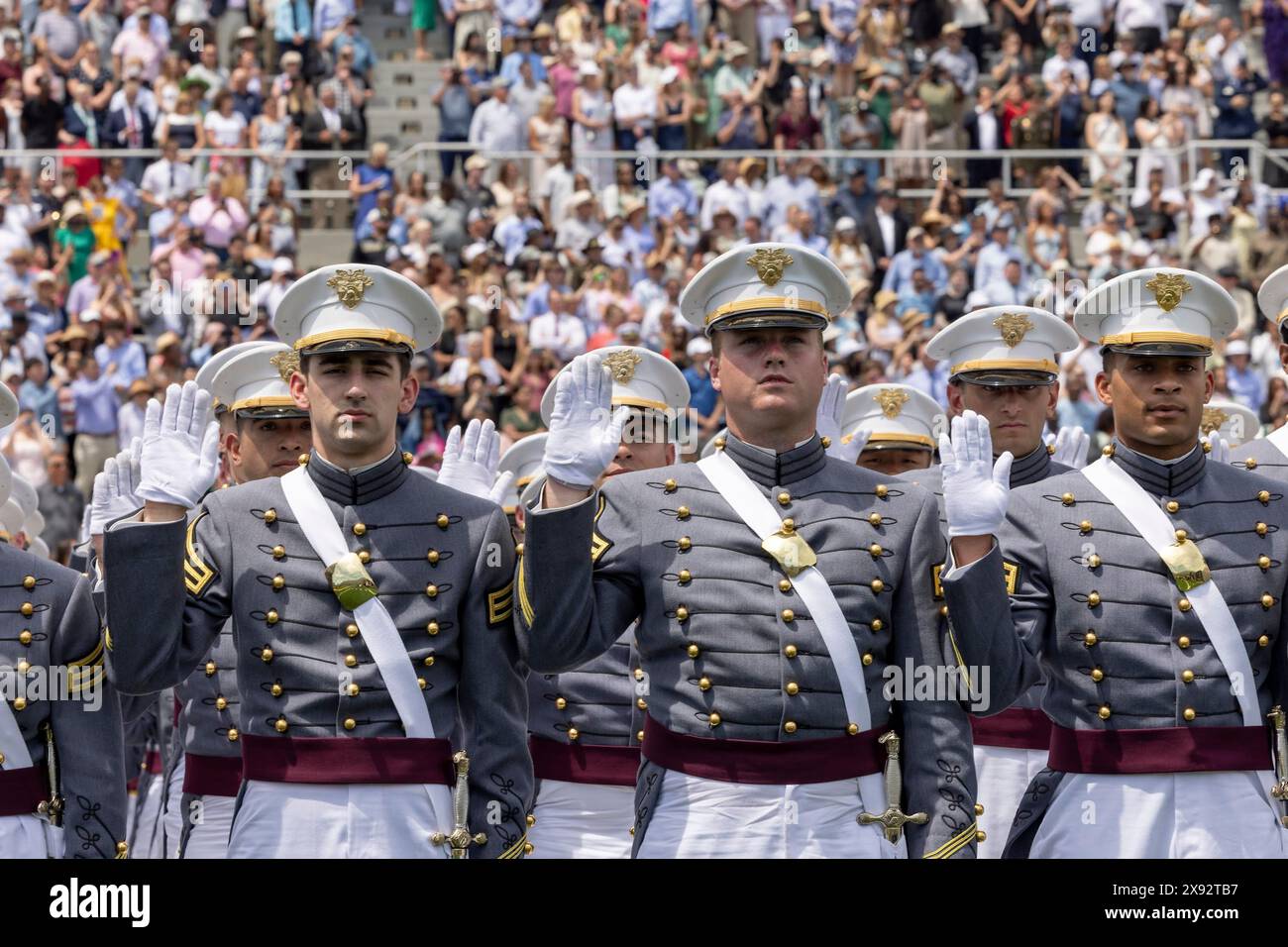 West Point, United States. 25 May, 2024. United States Military Academy cadets are commissioned as second lieutenants as they take the oath of office during the graduation and commissioning ceremony at Michie Stadium, May 25, 2024, in West Point, New York.  Credit: Kyle Osterhoudt/U.S. Army/Alamy Live News Stock Photo