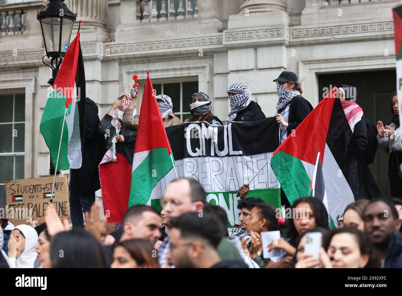 London, UK 28th, May 2024. Tens of thousands gathered outside Downing Street this evening to protest against Israel's assault on Rafah which resulted in Palestinian civilians being burnt alive in their tents, described by Israeli PM Netanyahu as 'a tragic mishap', to call for an immediate ceasefire & to condemn Rishi Sunak and Keir Starmer and their parties with the upcoming election. The protest resulted in Whitehall being closed to traffic & ended with a sit in outside Downing Street. Credit : Monica Wells/Alamy Live News Stock Photo