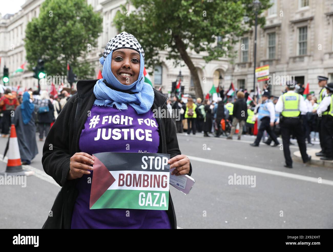 London, UK 28th, May 2024. Tens of thousands gathered outside Downing Street this evening to protest against Israel's assault on Rafah which resulted in Palestinian civilians being burnt alive in their tents, described by Israeli PM Netanyahu as 'a tragic mishap', to call for an immediate ceasefire & to condemn Rishi Sunak and Keir Starmer and their parties with the upcoming election. The protest resulted in Whitehall being closed to traffic & ended with a sit in outside Downing Street. Credit : Monica Wells/Alamy Live News Stock Photo