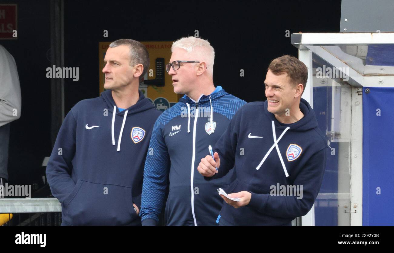 Seaview Stadium, Belfast, Northern Ireland, UK. 06th May 2024. NIFL European Final Play-off  - Crusaders v Coleraine, Coleraine management team (l-r)  - Coleraine manager Oran Kearney, assistant manager Winkie Murphy and coach Dean Shiels. Stock Photo