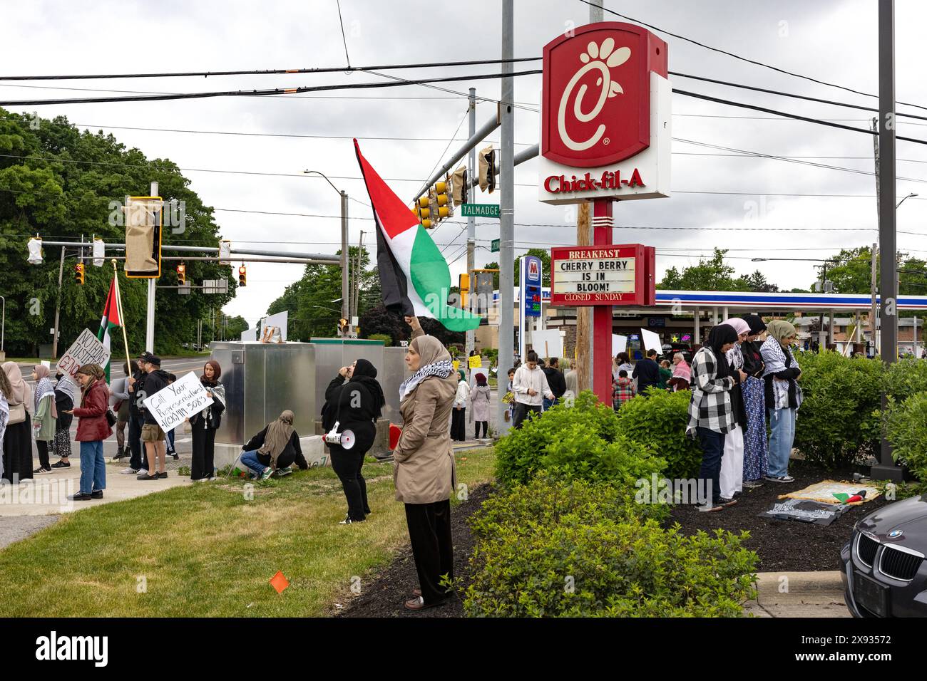 Jasmine Hummos, an organizer for pro-Palestine protests, chants in a ...