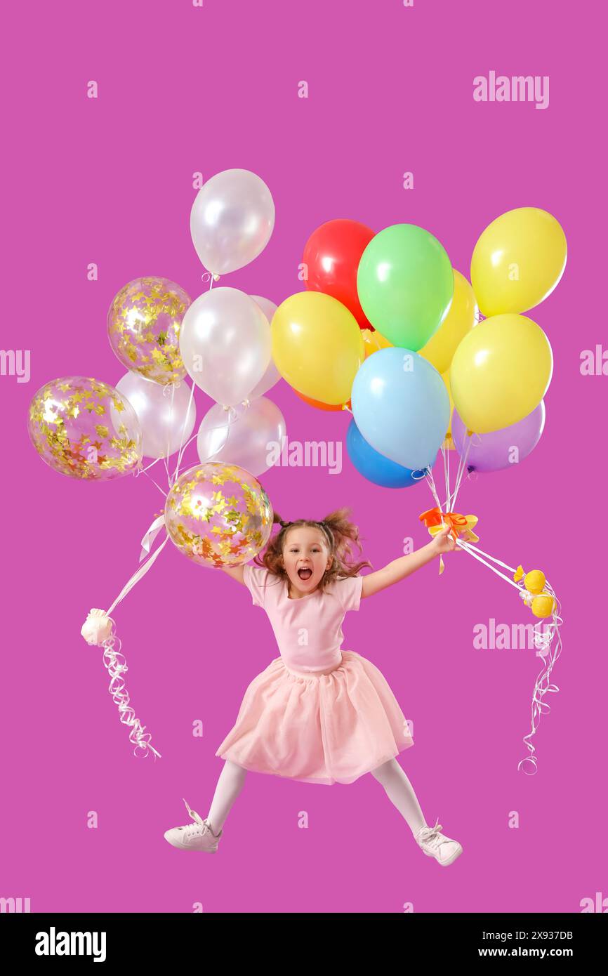 Cute jumping little girl with balloons on purple background Stock Photo ...