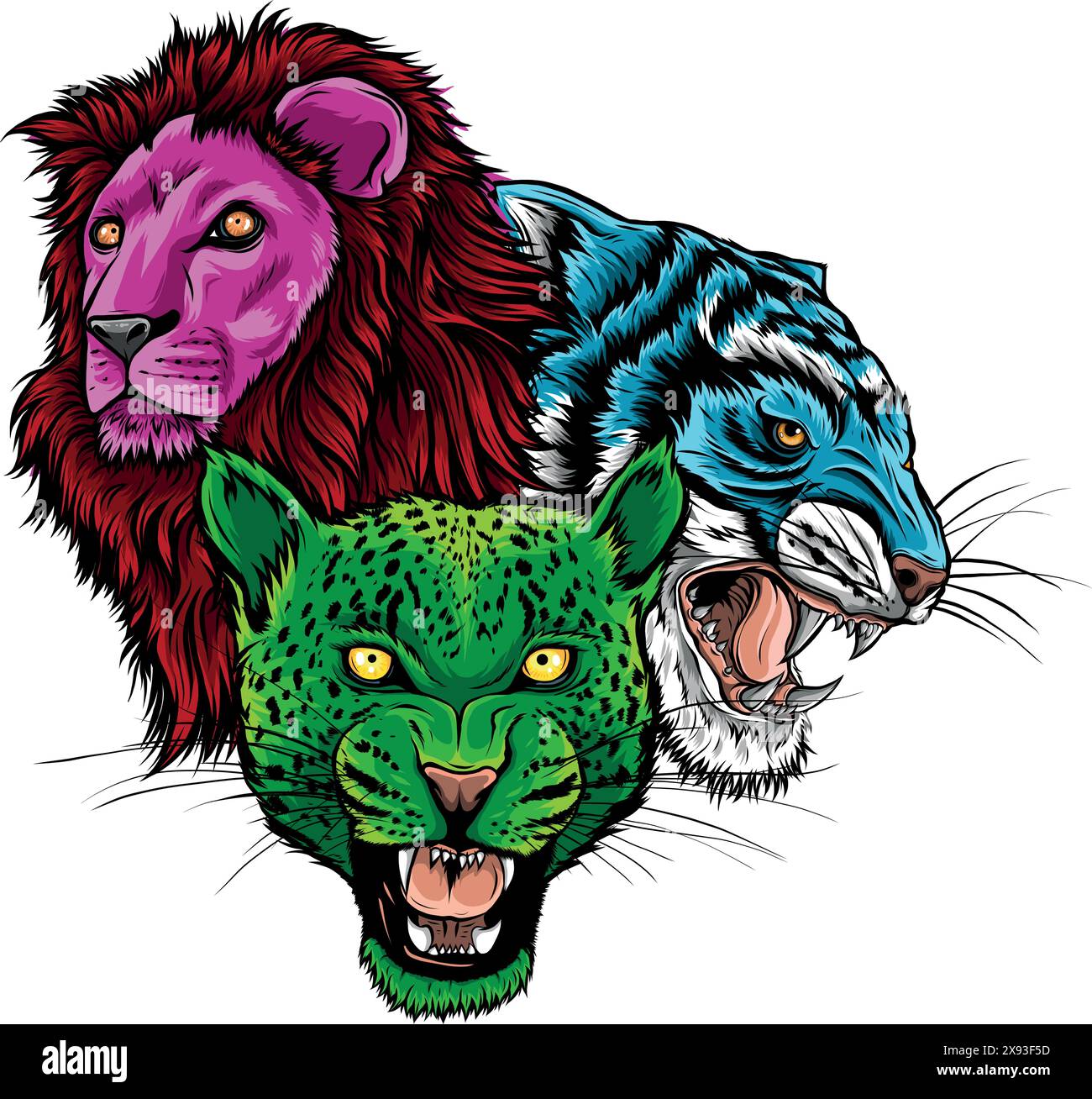 Wild Animals Heads Set. Lion, Tiger, Jaguar, Vector Mascot Logo Design
