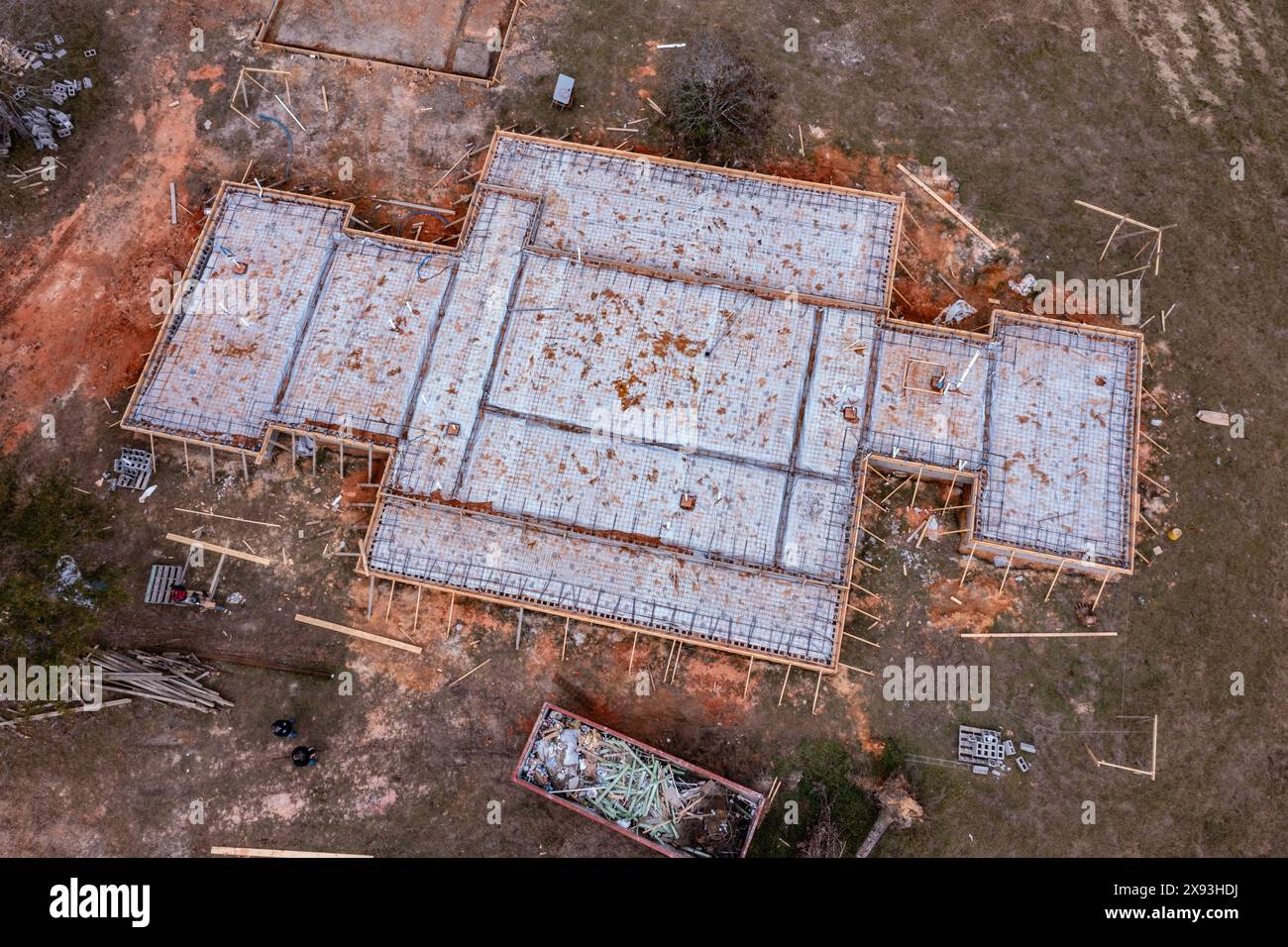 Aerial view of formwork for the foundation of a custom home in rural Mississippi Stock Photo