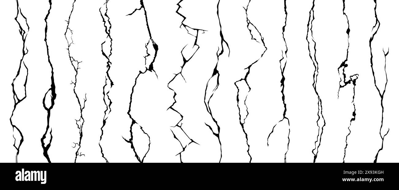 Broken wall crack, seamless cleft crackles. Vector crashed holes on plaster or ground surface texture, earthquake cracking destruction, damage fissure, gap after disaster isolated on white background Stock Vector