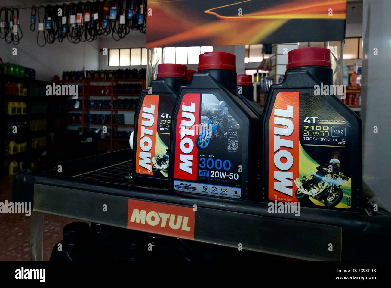 Motorcycle oil in the motorcycle reparation shop. Stock Photo