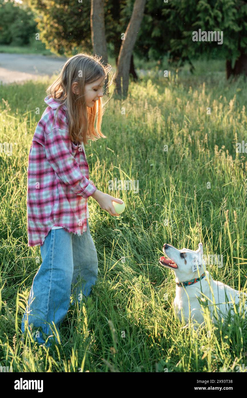 A child with a dog in nature, girl playing with a dog on green grass ...