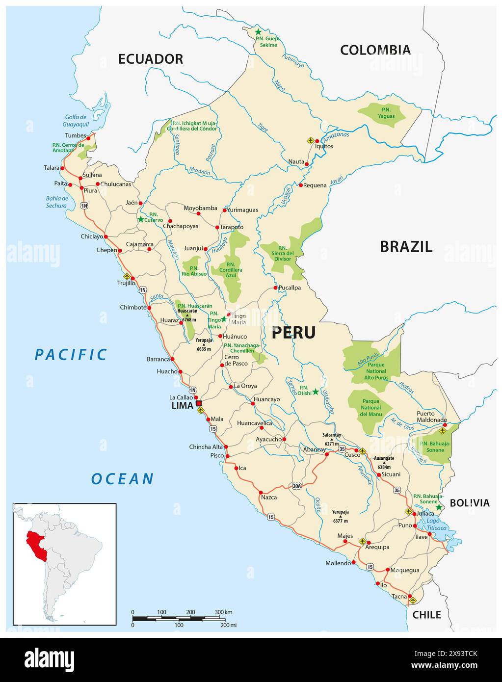 Peru road and national park map Stock Photo