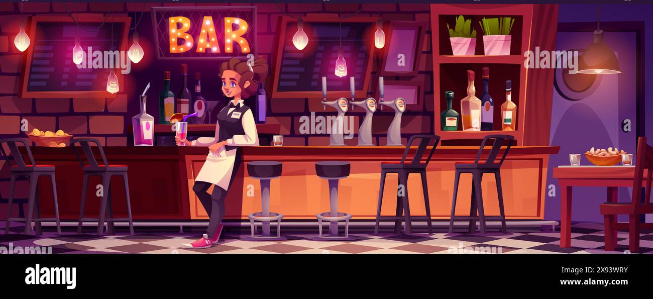 Pub interior with woman waiter standing near bar counter. Cartoon vector cafe or night club inside with wooden stand with beer dispenser, stools, bottles with alcohol drinks on wall shelves. Stock Vector