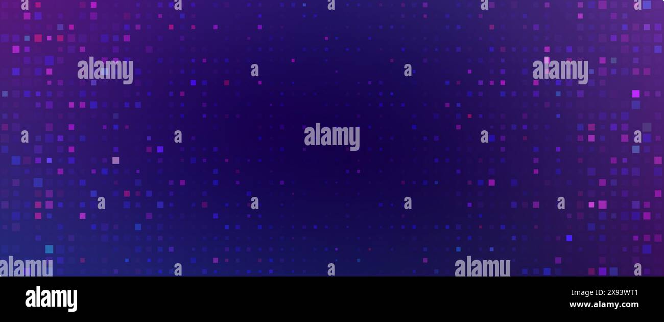 Purple abstract pixel texture bg video screen. Tv pattern background with square noise effect. Futuristic broadcast neon gradient banner for television. Modern vhs led static display element Stock Vector