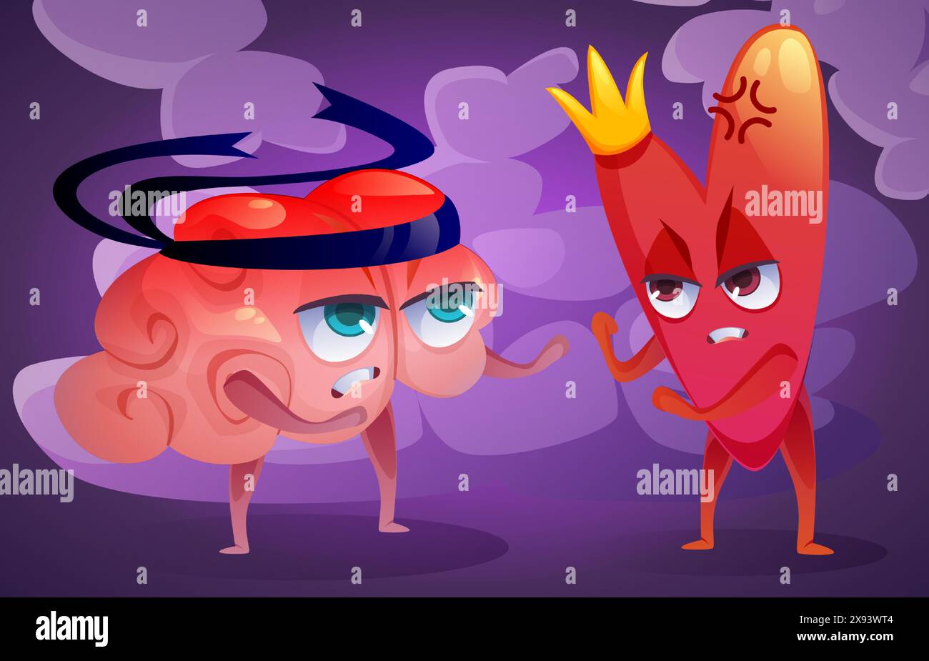Heart and mind relations and connect concept. Human organs cartoon characters fighting. Brain and heart struggle for intelligence and emotion balance. Vector illustration of feeling and rationality. Stock Vector