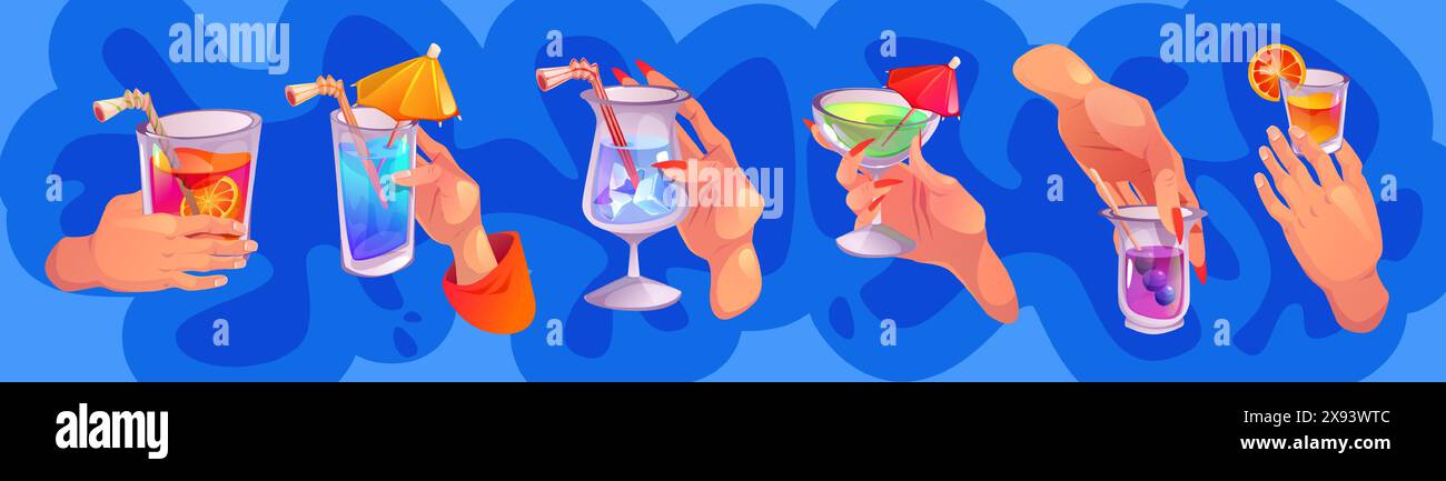 Hands with cocktail glasses isolated on blue background. Vector cartoon ...