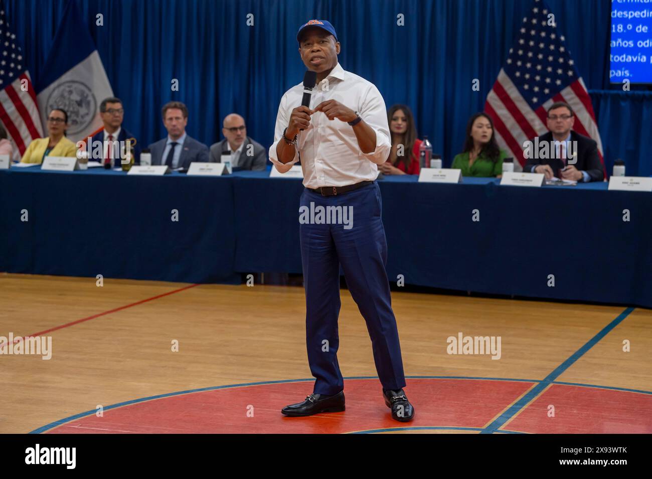 New York, United States. 28th May, 2024. NEW YORK, NEW YORK - MAY 28: New York City Mayor Eric Adams speaks during Community Conversation event at Frank Sinatra School of the Arts High School, Astoria on May 28, 2024 in the Queens Borough of New York City. Credit: Ron Adar/Alamy Live News Stock Photo