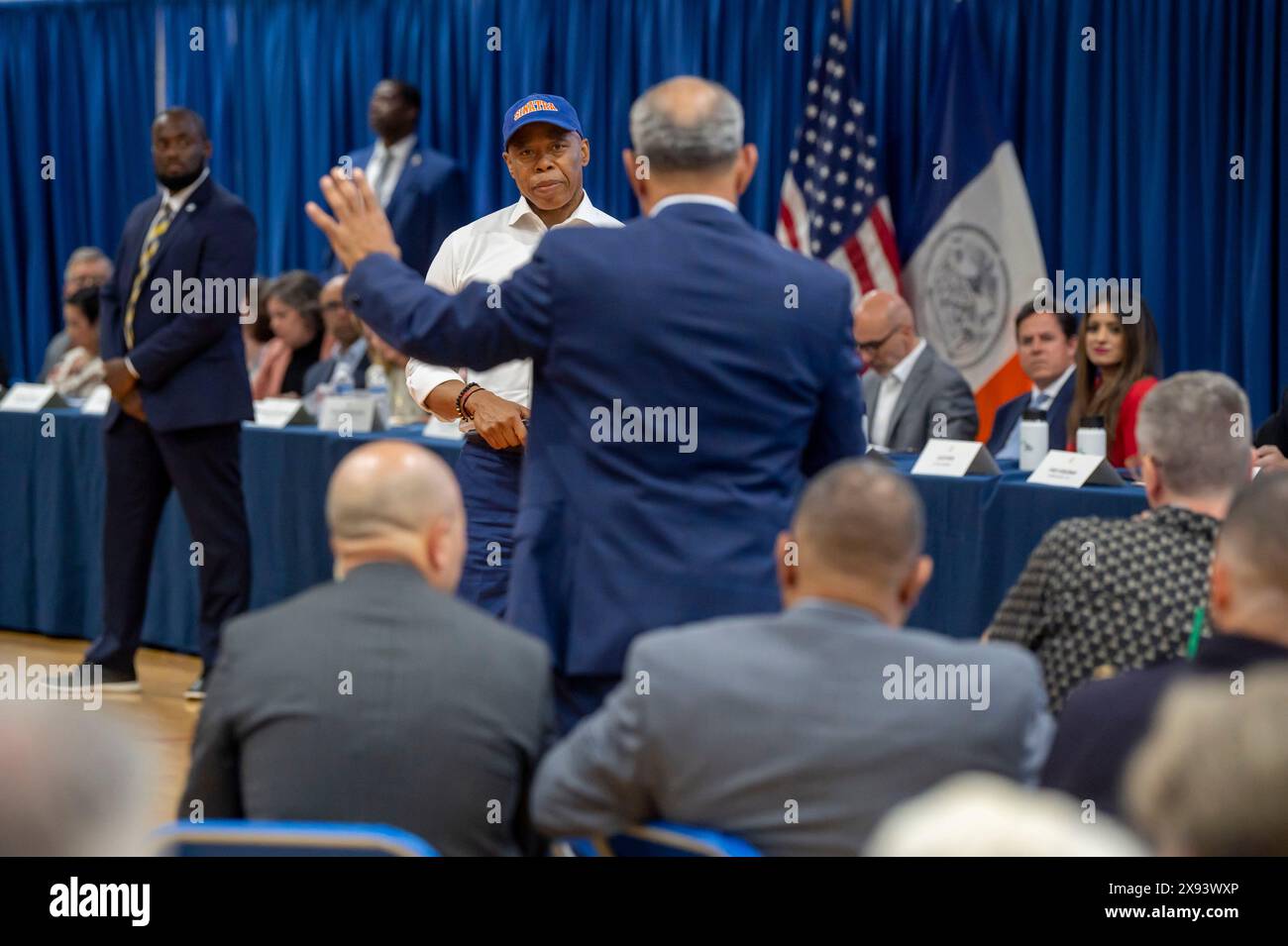 New York, United States. 28th May, 2024. NEW YORK, NEW YORK - MAY 28: New York City Mayor Eric Adams engages in conversation with member of the audience during Community Conversation event at Frank Sinatra School of the Arts High School, Astoria on May 28, 2024 in the Queens Borough of New York City. Credit: Ron Adar/Alamy Live News Stock Photo