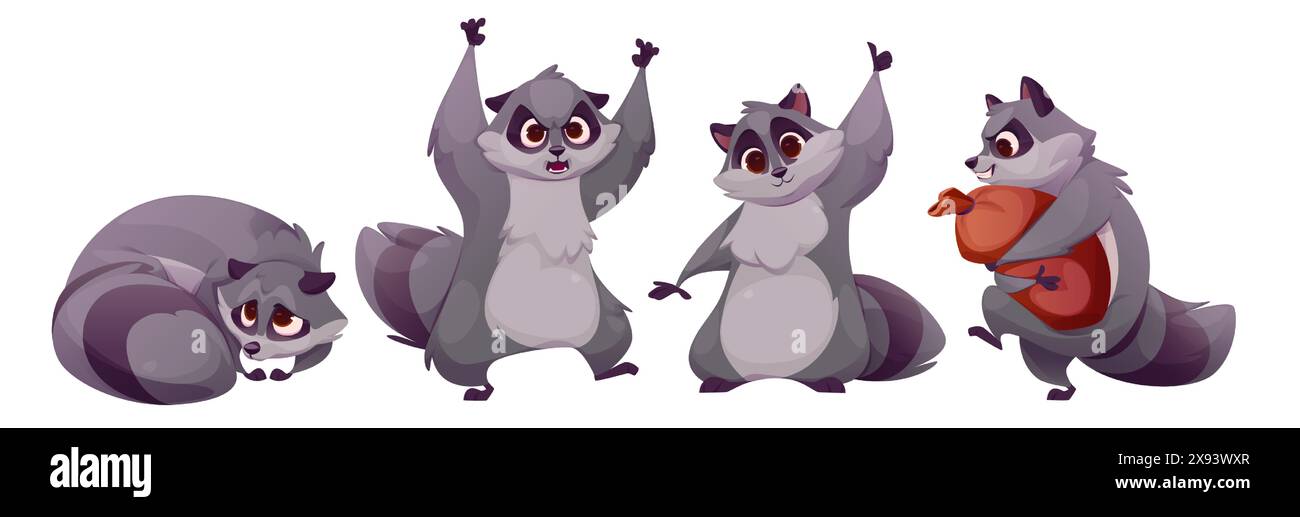 Cute racoon characters set isolated on white background. Vector cartoon ...