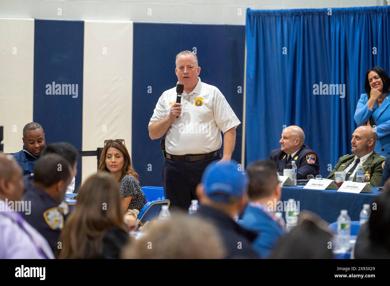 New York, United States. 28th May, 2024. NEW YORK, NEW YORK - MAY 28: NYPD Chief Of Patrol John Chell speaks during Community Conversation event at Frank Sinatra School of the Arts High School, Astoria on May 28, 2024 in the Queens Borough of New York City. Credit: Ron Adar/Alamy Live News Stock Photo