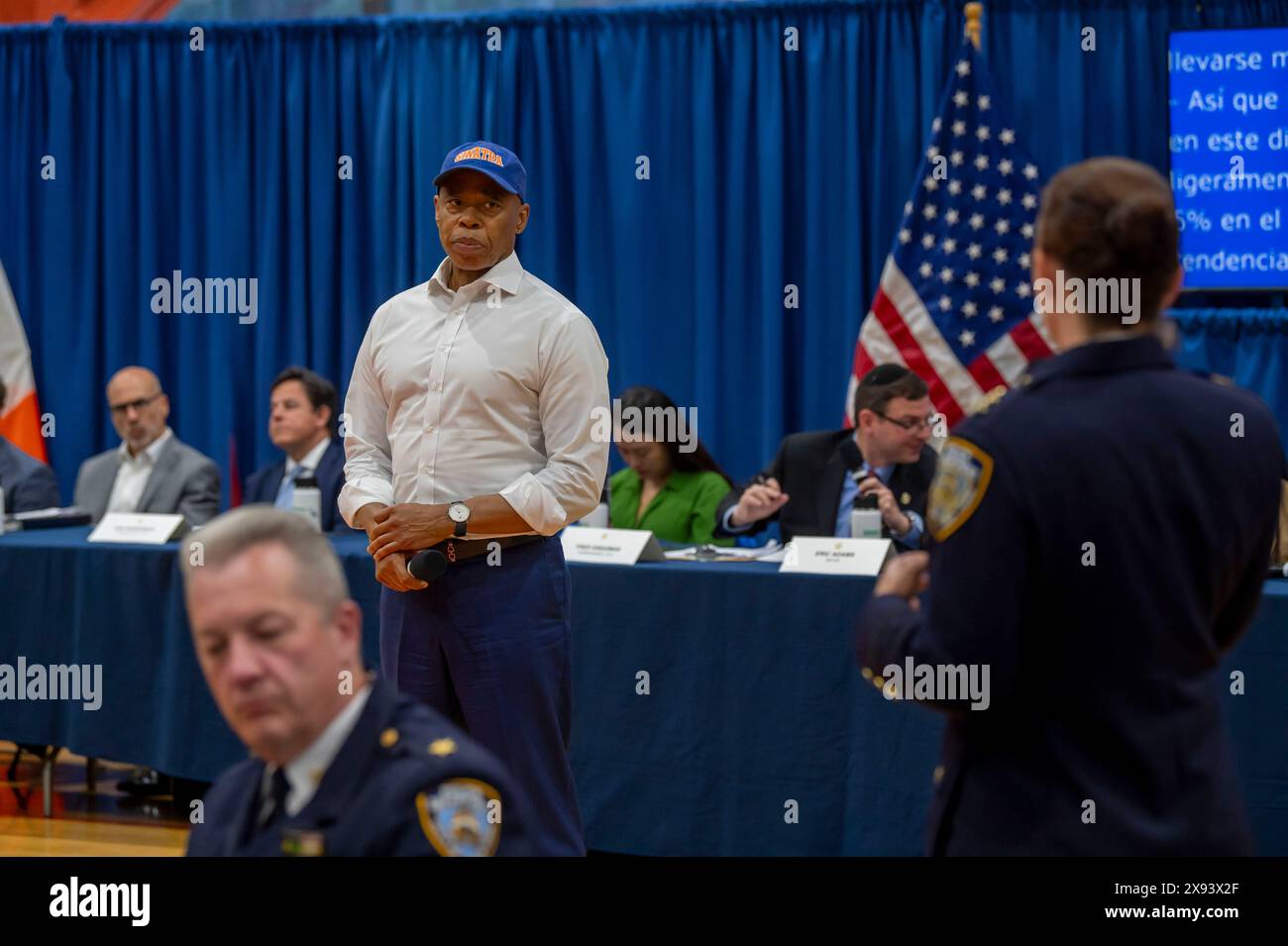 New York, United States. 28th May, 2024. NEW YORK, NEW YORK - MAY 28: New York City Mayor Eric Adams listens to Commanding Officer of Patrol Borough Queens North Deputy Chief Christine Bastedenbeck during Community Conversation event at Frank Sinatra School of the Arts High School, Astoria on May 28, 2024 in the Queens Borough of New York City. Credit: Ron Adar/Alamy Live News Stock Photo