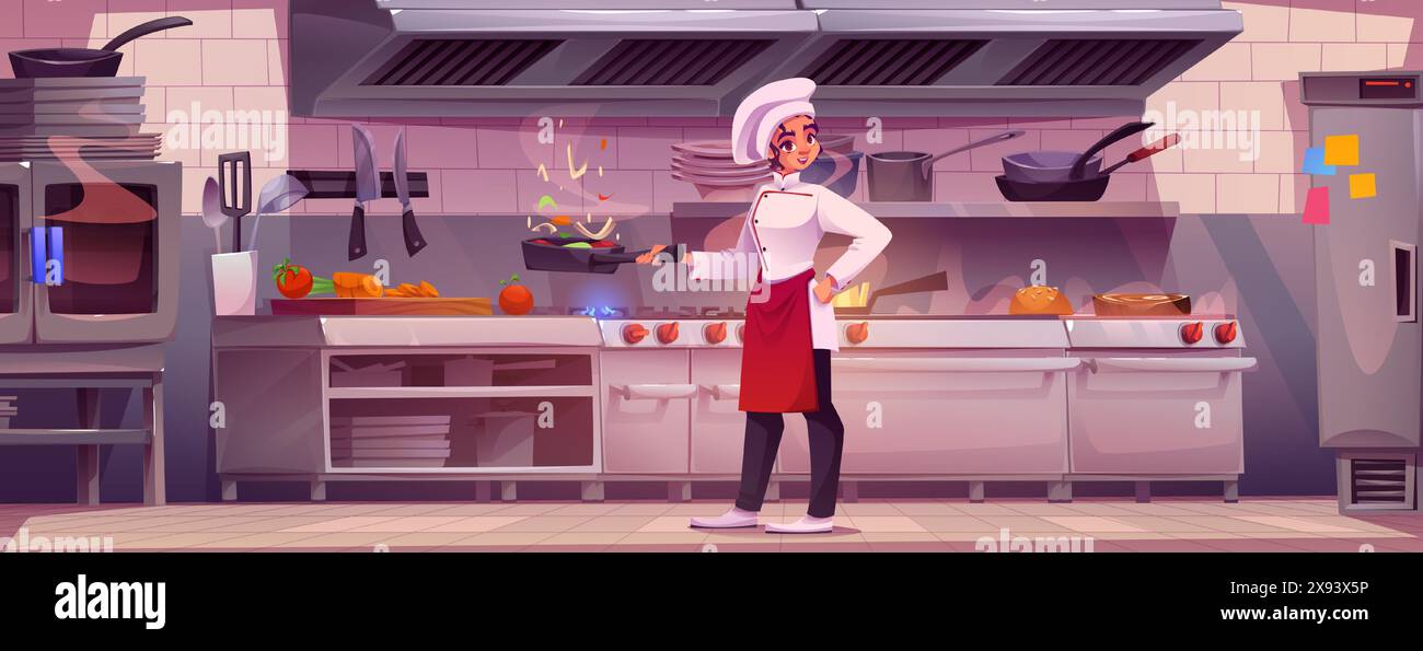 Woman chef in uniform and hat cooking food on restaurant kitchen. Cartoon vector cuisine interior with furniture, equipment and utensils. Female cooker prepare meal in professional cafe cuisine. Stock Vector