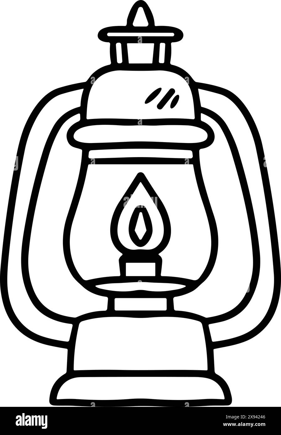 A black and white drawing of a lantern with a lit candle inside. The lantern is sitting on a table Stock Vector