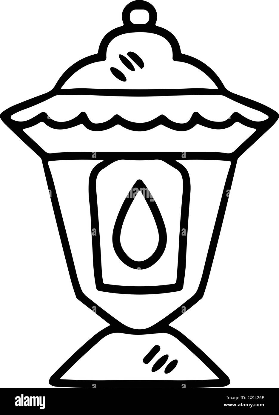 A black and white drawing of a lantern with a lit candle inside. The lantern is sitting on a table Stock Vector