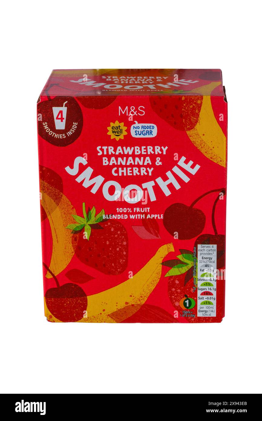 box of Strawberry Banana & Cherry Smoothie from M&S isolated on white background - 100% fruit blended with apple Stock Photo