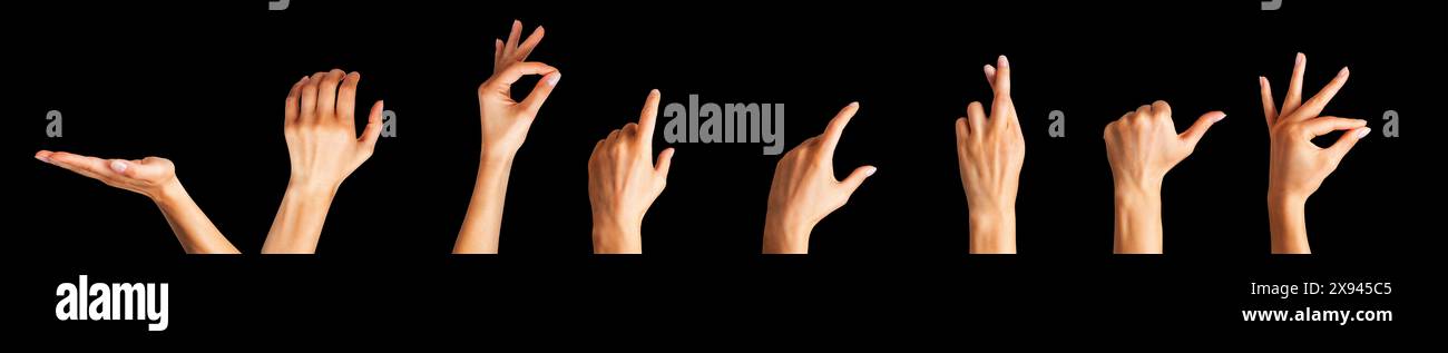 Set of woman hands showing different gestures, pointing and showing signs isolated on black background Stock Photo