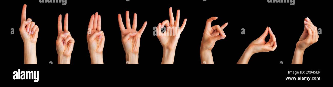 Set of woman hands showing different gestures, pointing and showing signs isolated on black background Stock Photo