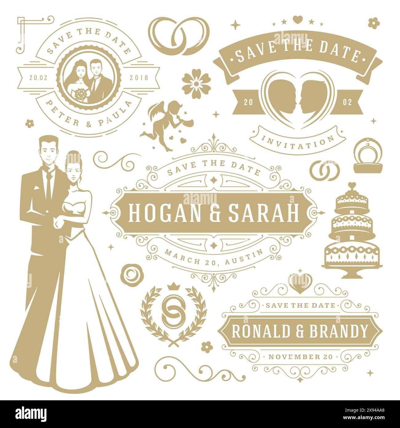 Wedding vector design elements and objects set. Vintage save the date ...