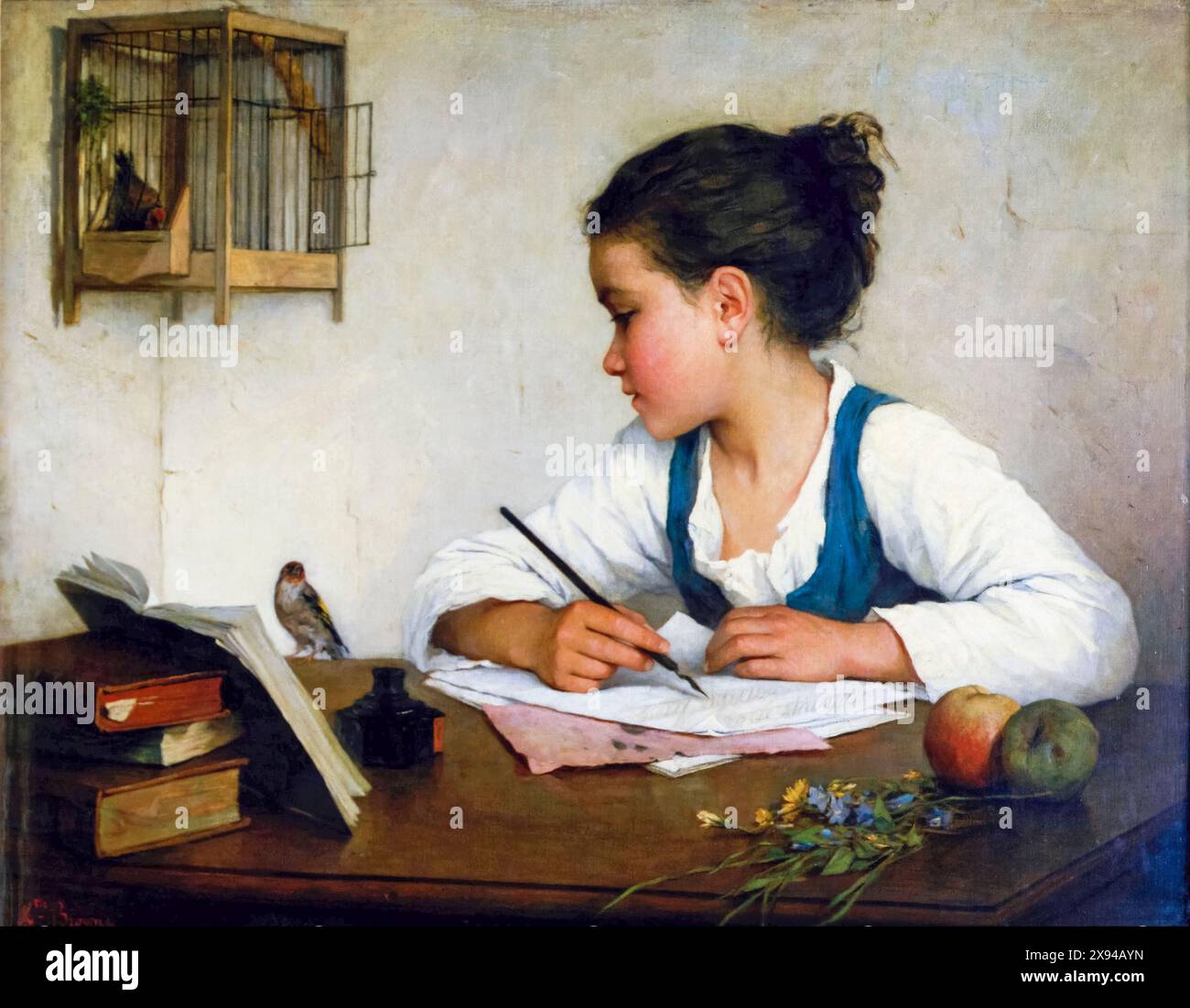 Sophie de Bouteiller known as Henriette Browne, A Girl Writing: The Pet Goldfinch, painting in oil on canvas, circa 1870 Stock Photo