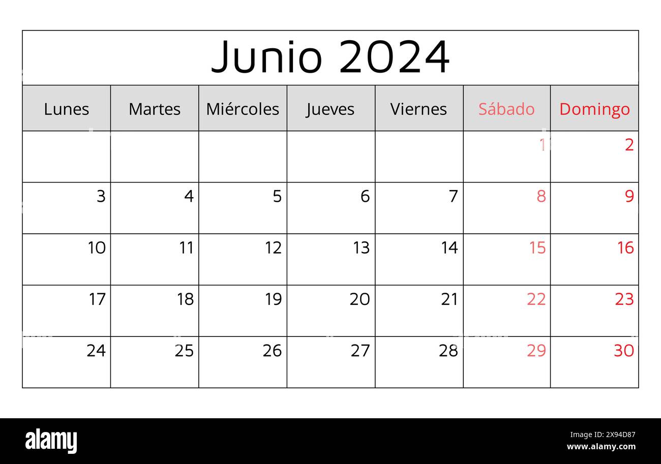 June 2024 SPANISH calendar Junio. Vector illustration. Monthly