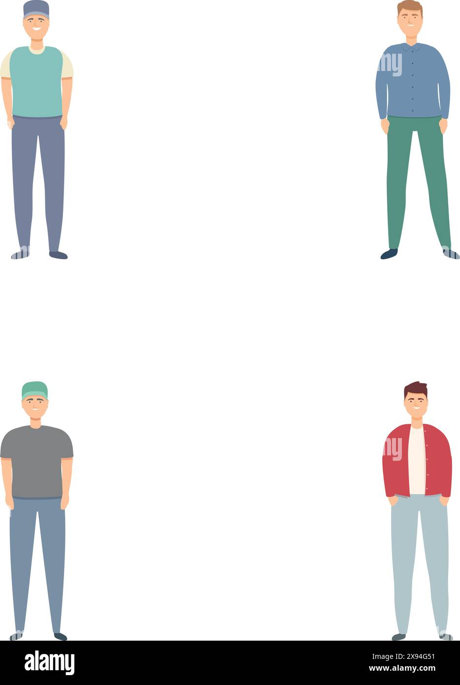 Vector illustration showcasing four diverse men standing in casual clothing styles, isolated on a white background Stock Vector