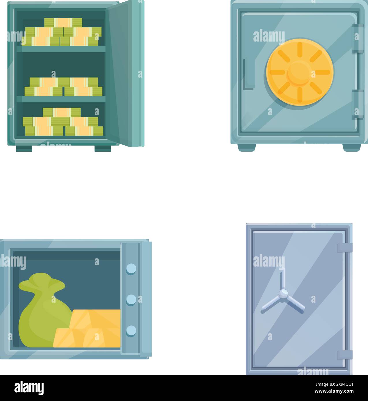 Illustration of four different safes containing money, gold, and valuables for security concept Stock Vector