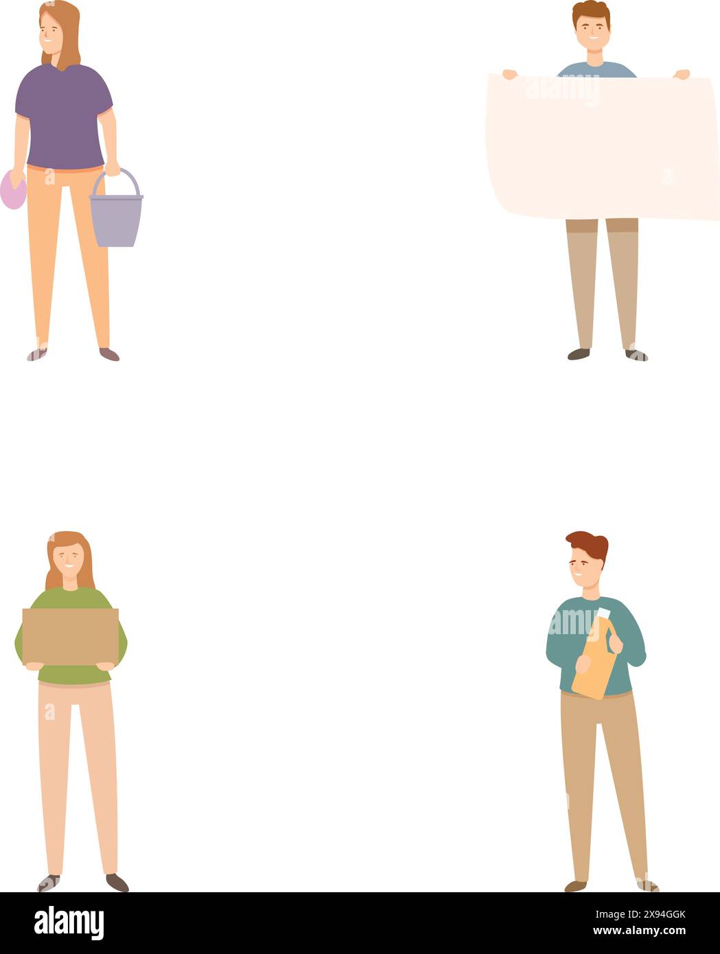 Collection of four minimalistic illustrations showing diverse people with different items Stock Vector