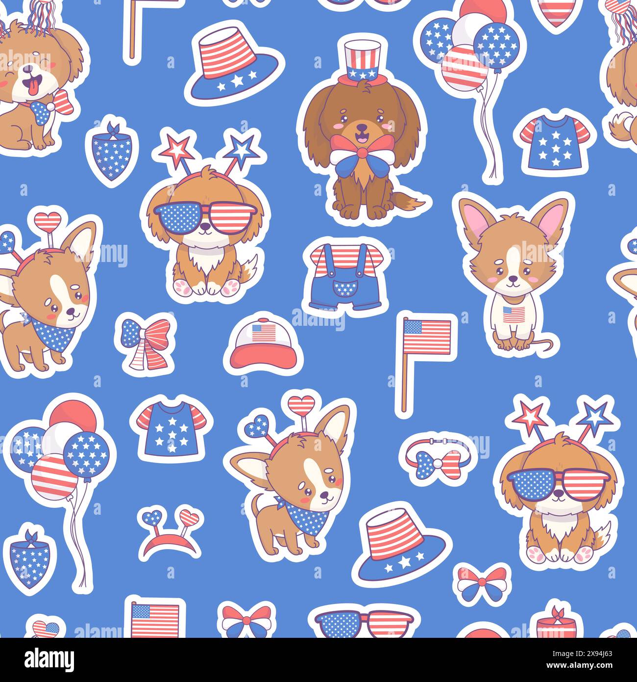 Seamless pattern with patriotic cartoon dog in accessories and clothing in colors American flag on blue background. Vector illustration for holiday In Stock Vector