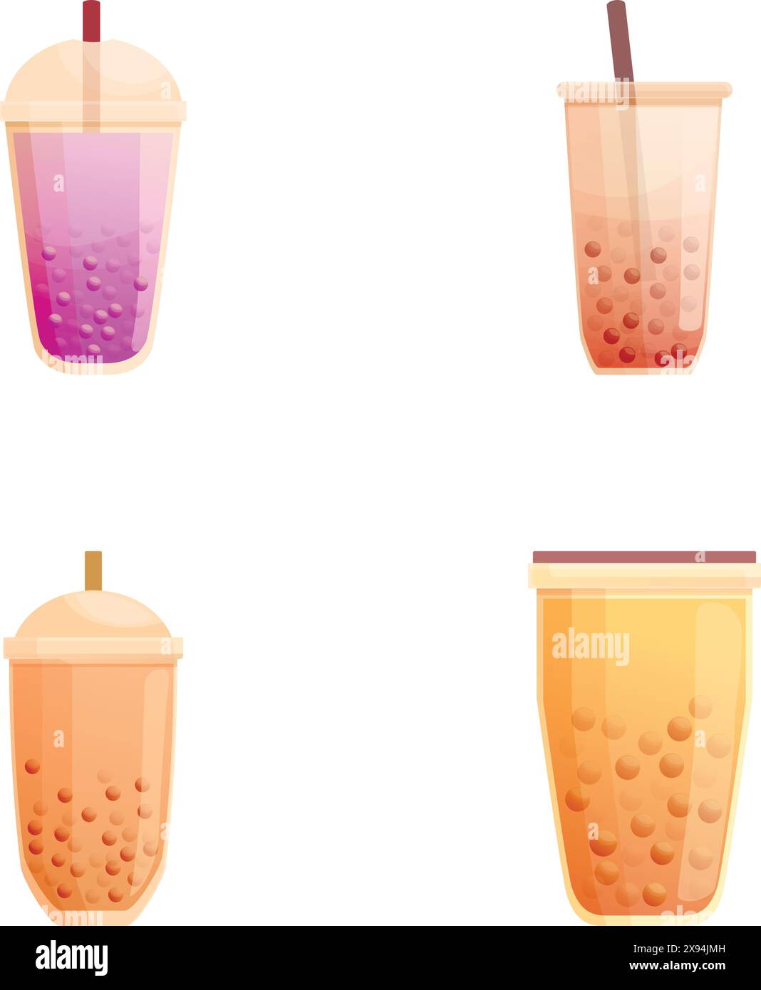 Vector illustrations of colorful bubble tea in various flavors with tapioca pearls Stock Vector