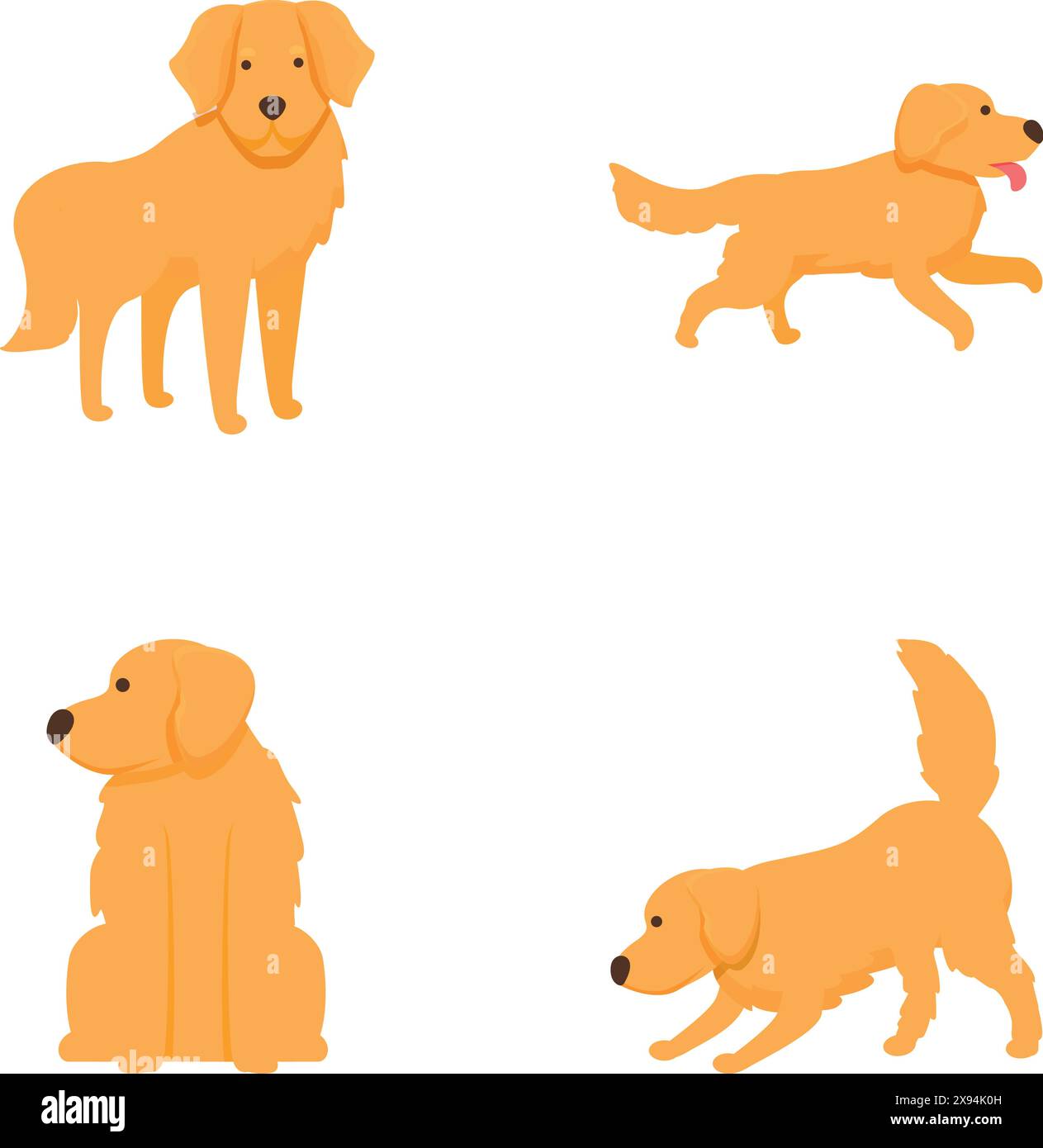 Collection of cute cartoon golden retriever dogs in different postures ...