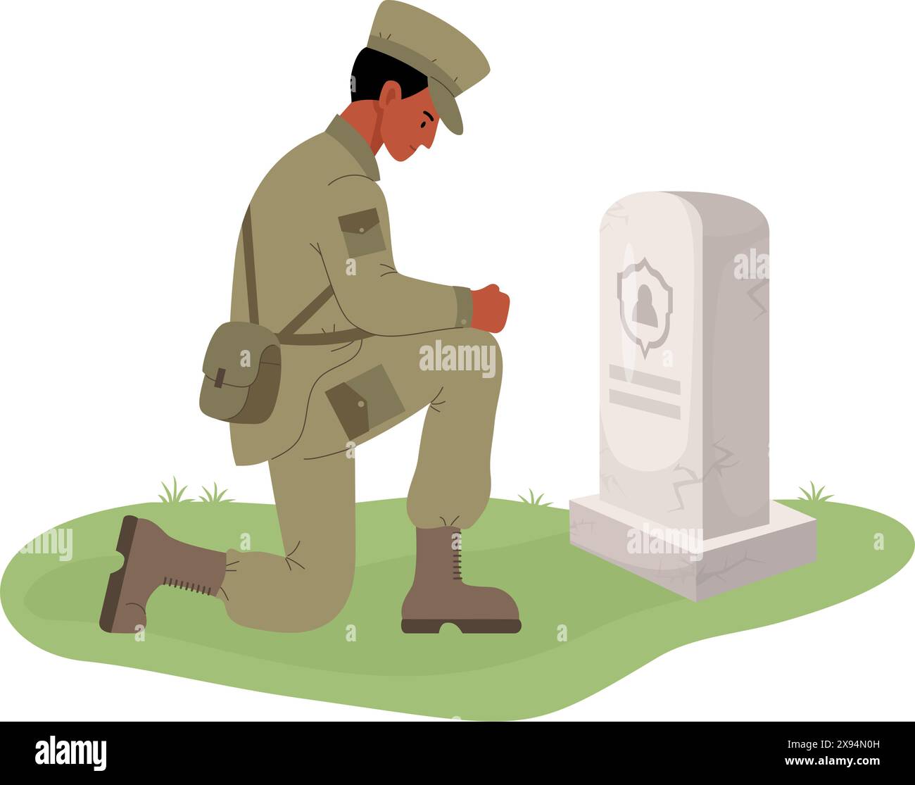 Military black ethnic soldier on one knee in front of grave. Memorial Day. Veterans Military Cemetery. Vector illustration Stock Vector